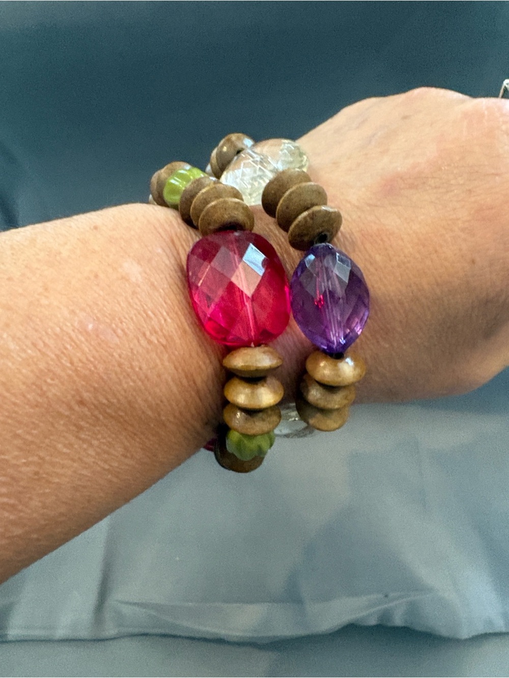 2 Costume Unbranded Multi-Color Glass Beads w/Wooden Spacers Stretch Bracelets